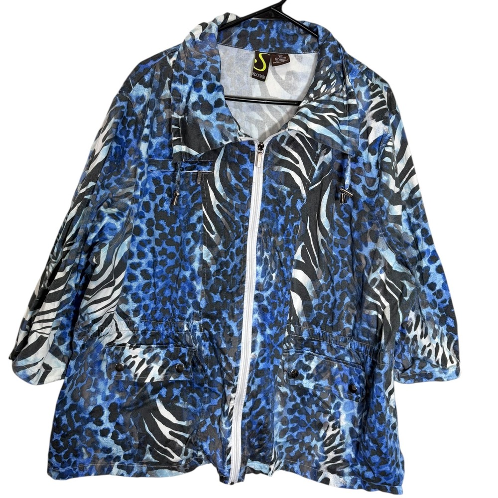 Sportelle 3X Blue Animal Print Zip Utility Jacket Leopard Zebra Maximalist Bold